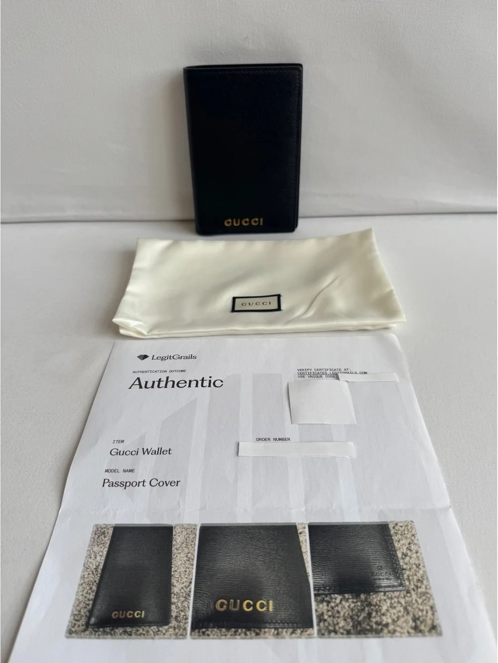 Gucci Black Leather Passport Cover Wallet Gold Logo Made in Italy